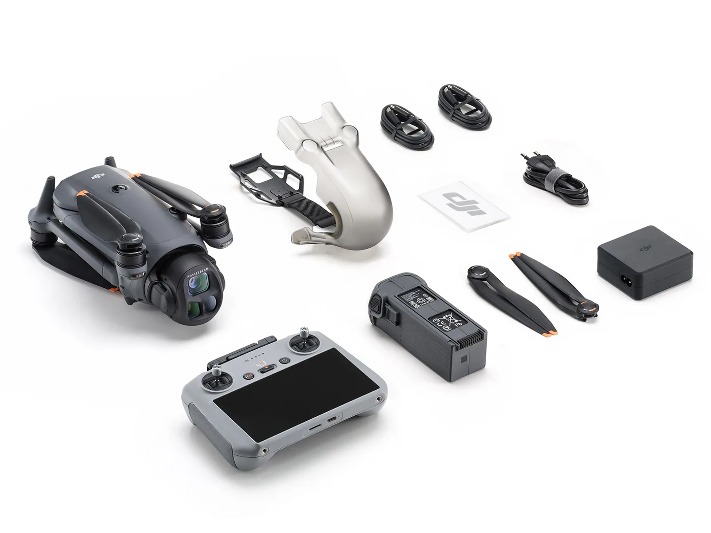 Everything in the Mavic 4 Pro box, laid out on a white table